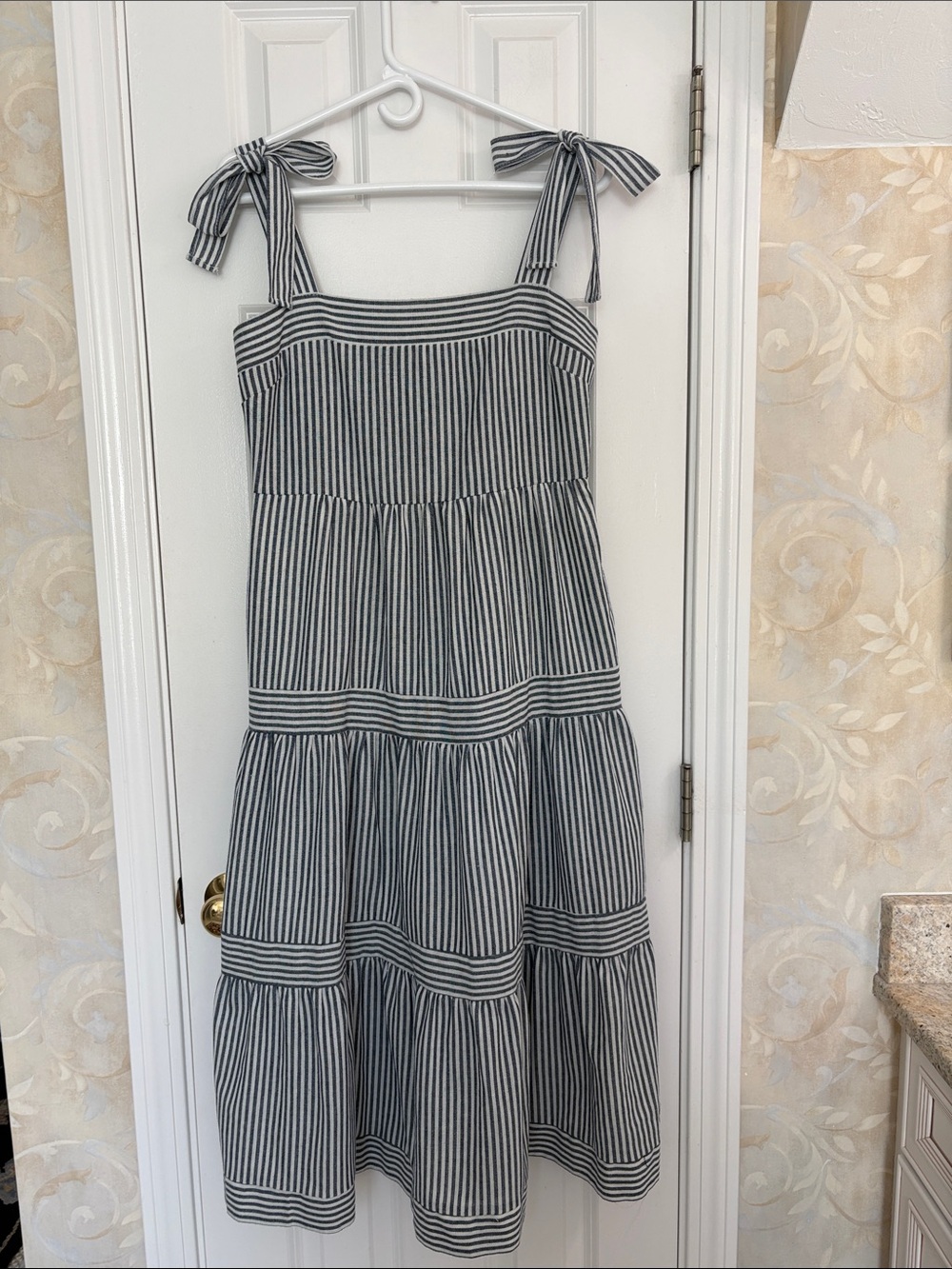 By The River Striped Tie-Shoulder Midi Dress in Navy & White with Back Ruching